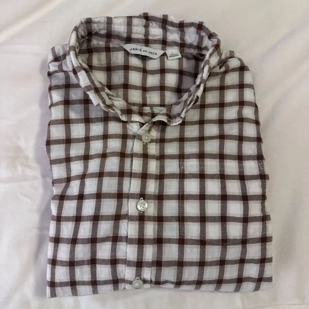 Boys Janie and Jack Brown/Cream Plaid Button Down LS Shirt Size 14 EUC Preppy